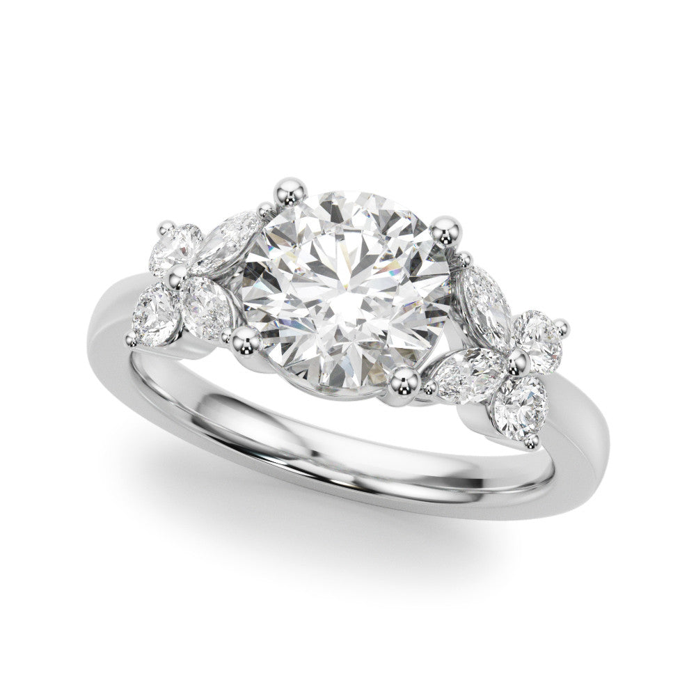 Silver Round Brilliant Diamond Floral Cluster Solitaire with Marquise and Pear Accents on a Platinum Band with Four-Prong Setting 1