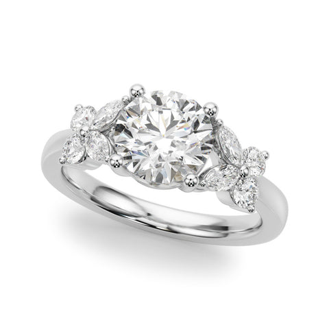 Silver Round Brilliant Diamond Floral Cluster Solitaire with Marquise and Pear Accents on a Platinum Band with Four-Prong Setting 1