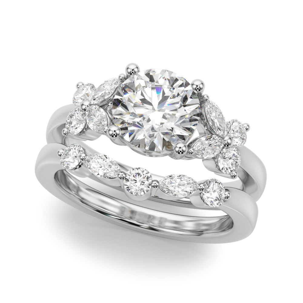 Silver Round Brilliant Diamond Floral Cluster Solitaire with Marquise and Pear Accents on a Platinum Band with Four-Prong Setting 2