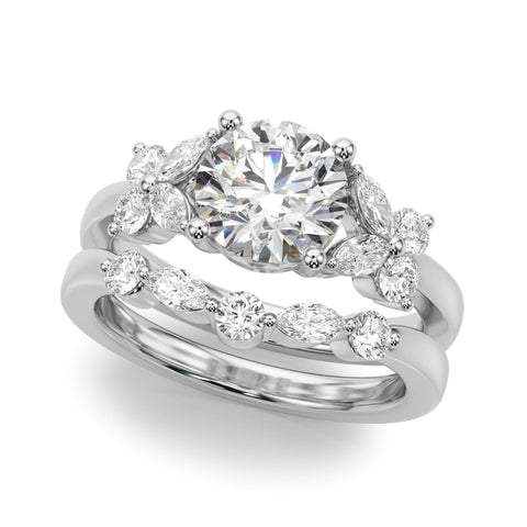 Silver Round Brilliant Diamond Floral Cluster Solitaire with Marquise and Pear Accents on a Platinum Band with Four-Prong Setting 2