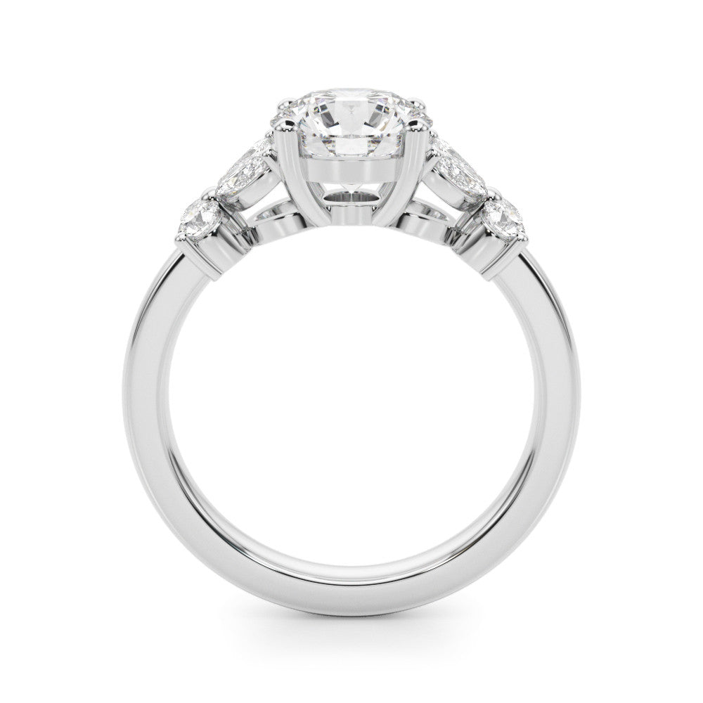 Silver Round Brilliant Diamond Floral Cluster Solitaire with Marquise and Pear Accents on a Platinum Band with Four-Prong Setting