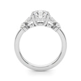 Silver Round Brilliant Diamond Floral Cluster Solitaire with Marquise and Pear Accents on a Platinum Band with Four-Prong Setting