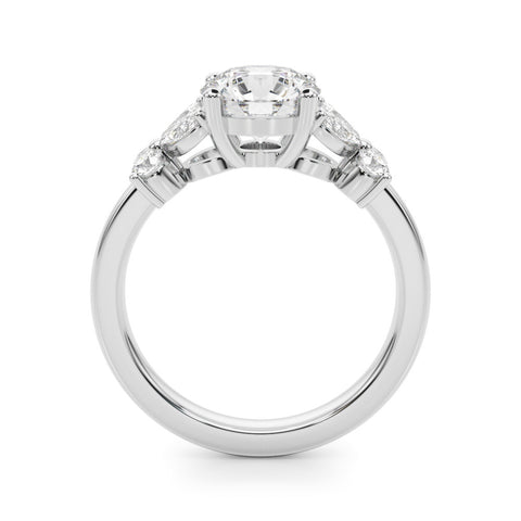 Silver Round Brilliant Diamond Floral Cluster Solitaire with Marquise and Pear Accents on a Platinum Band with Four-Prong Setting