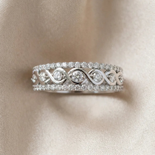 Silver Round Brilliant Diamond Infinity Twist Pave Band with Prong Setting