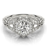 Silver Round Brilliant Diamond Milgrain Filigree Halo Ring