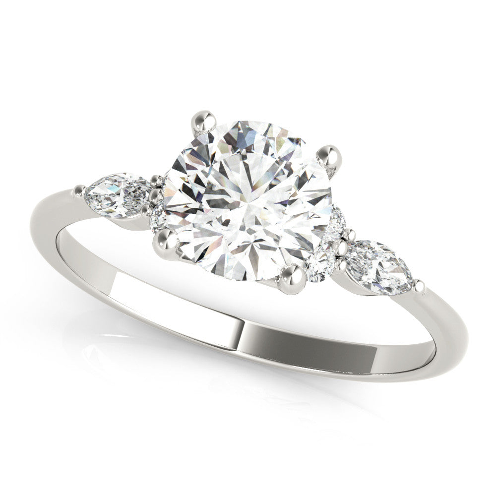 Silver Round Brilliant Diamond Solitaire Ring with Pear Side Stones and Four-Prong Setting 1