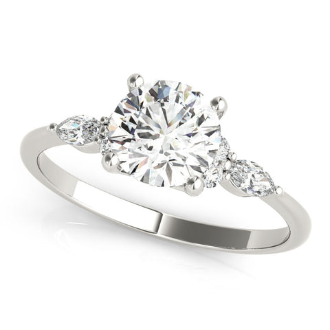 Silver Round Brilliant Diamond Solitaire Ring with Pear Side Stones and Four-Prong Setting 1
