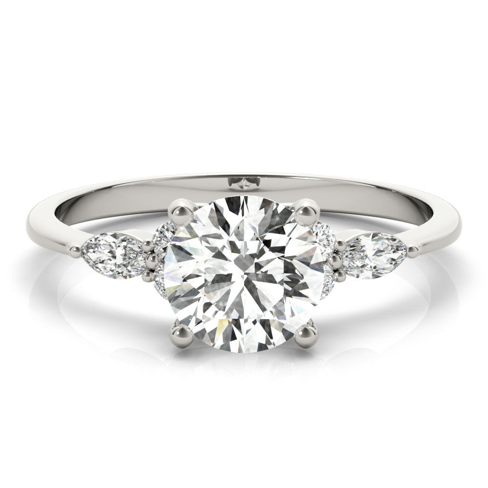 Silver Round Brilliant Diamond Solitaire Ring with Pear Side Stones and Four-Prong Setting 2