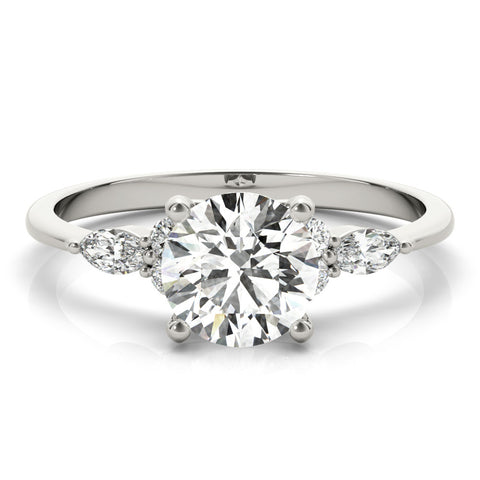 Silver Round Brilliant Diamond Solitaire Ring with Pear Side Stones and Four-Prong Setting 2