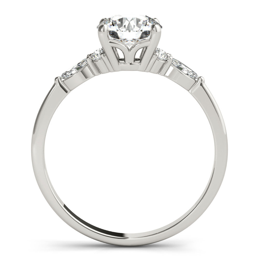 Silver Round Brilliant Diamond Solitaire Ring with Pear Side Stones and Four-Prong Setting