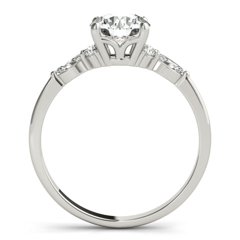 Silver Round Brilliant Diamond Solitaire Ring with Pear Side Stones and Four-Prong Setting