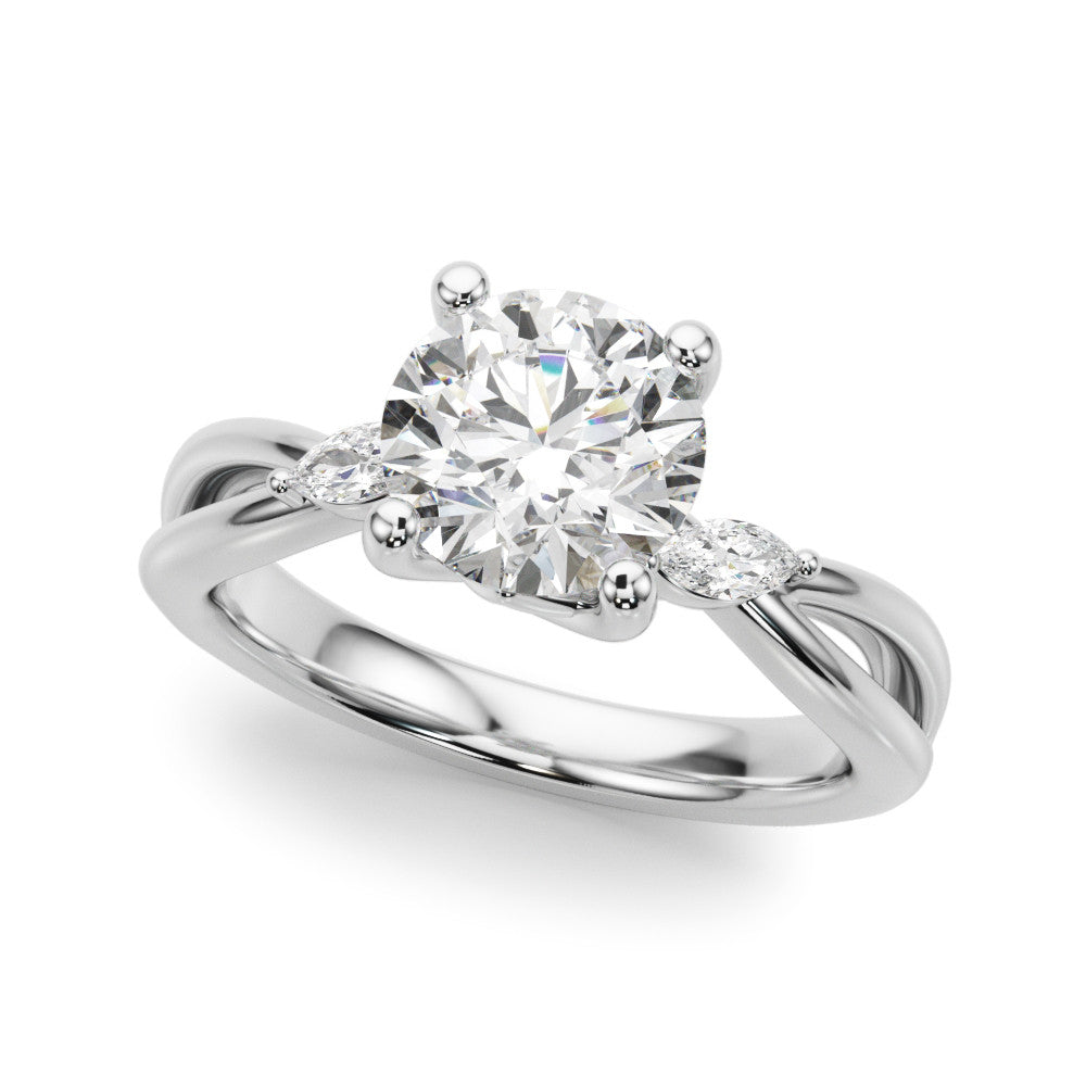 Silver Round Brilliant Diamond Solitaire with Marquise Side Stones on a Twisted Band and Four-Prong Setting 1