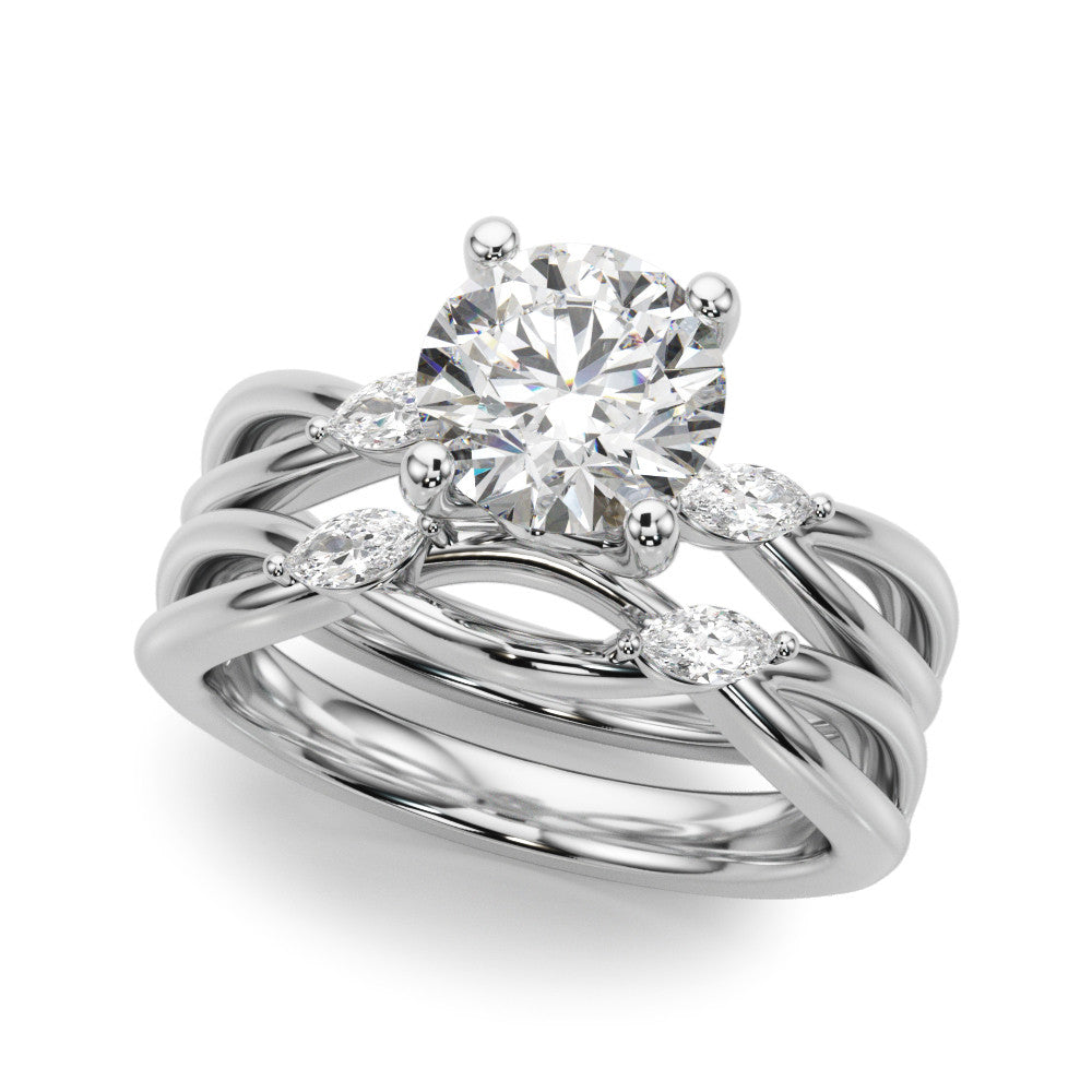 Silver Round Brilliant Diamond Solitaire with Marquise Side Stones on a Twisted Band and Four-Prong Setting 2