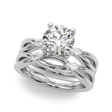 Silver Round Brilliant Diamond Solitaire with Marquise Side Stones on a Twisted Band and Four-Prong Setting 2