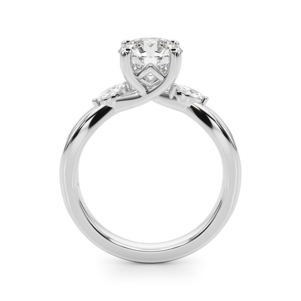 Silver Round Brilliant Diamond Solitaire with Marquise Side Stones on a Twisted Band and Four-Prong Setting