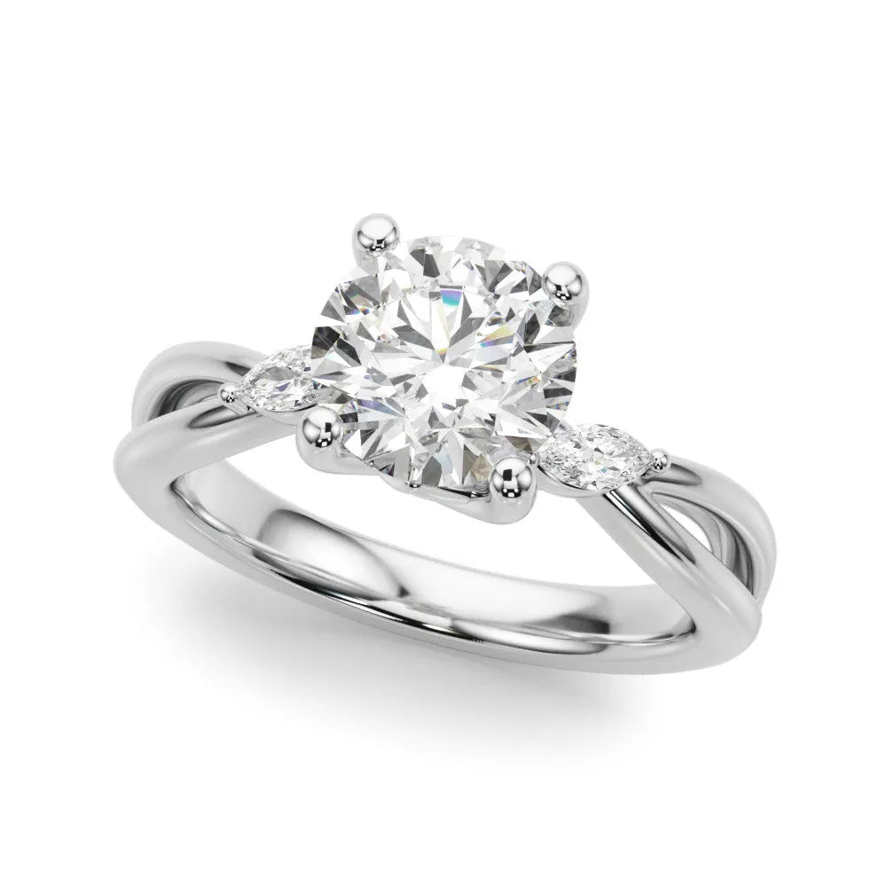 Silver Round Brilliant Diamond Solitaire with Marquise Side Stones on a Twisted Band and Four-Prong Setting