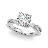 Silver Round Brilliant Diamond Solitaire with Marquise Side Stones on a Twisted Band and Four-Prong Setting