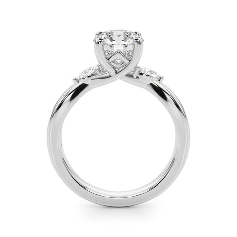 Silver Round Brilliant Diamond Solitaire with Marquise Side Stones on a Twisted Band and Four-Prong Setting
