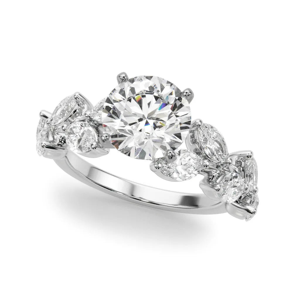 Silver Round Brilliant Diamond Solitaire with Marquise and Pear Accent Stones on a Split Shank Band with Four-Prong Setting