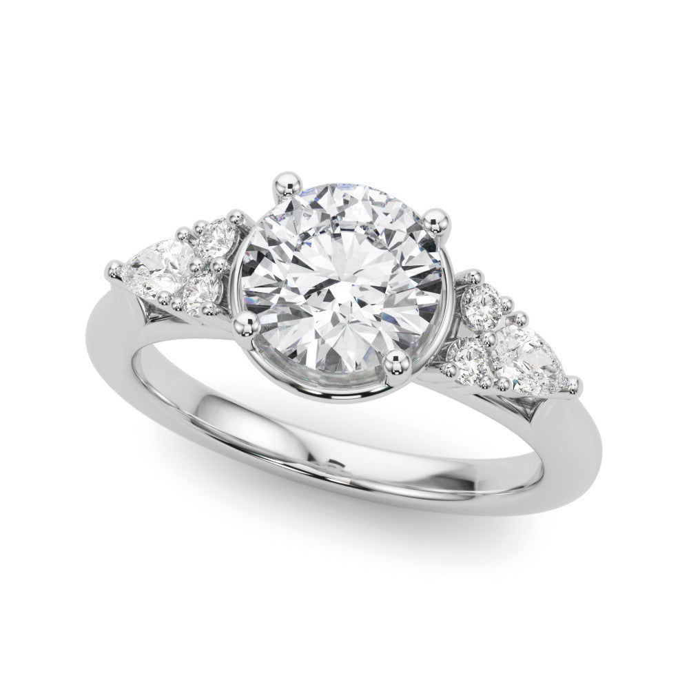 Silver Round Brilliant Diamond Solitaire with Side Stones on a Tapered Band and Four-Prong Setting 1