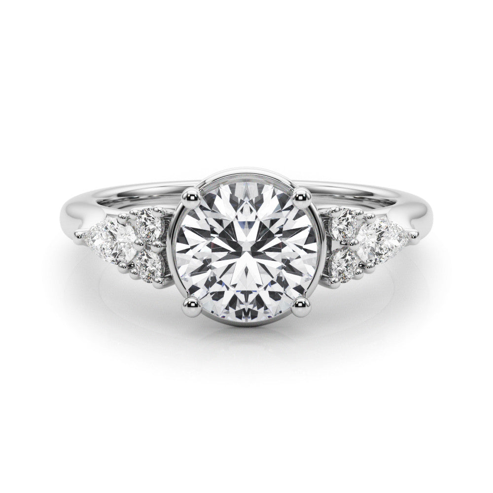 Silver Round Brilliant Diamond Solitaire with Side Stones on a Tapered Band and Four-Prong Setting 2