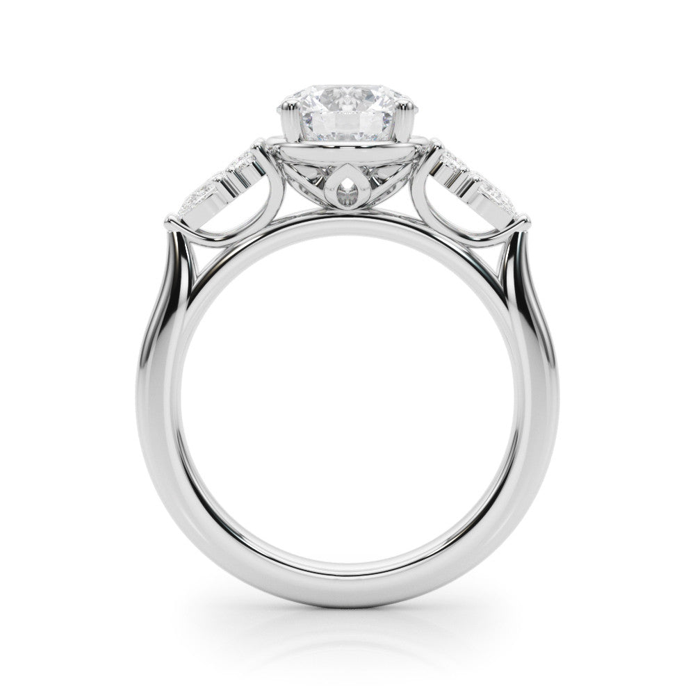 Silver Round Brilliant Diamond Solitaire with Side Stones on a Tapered Band and Four-Prong Setting