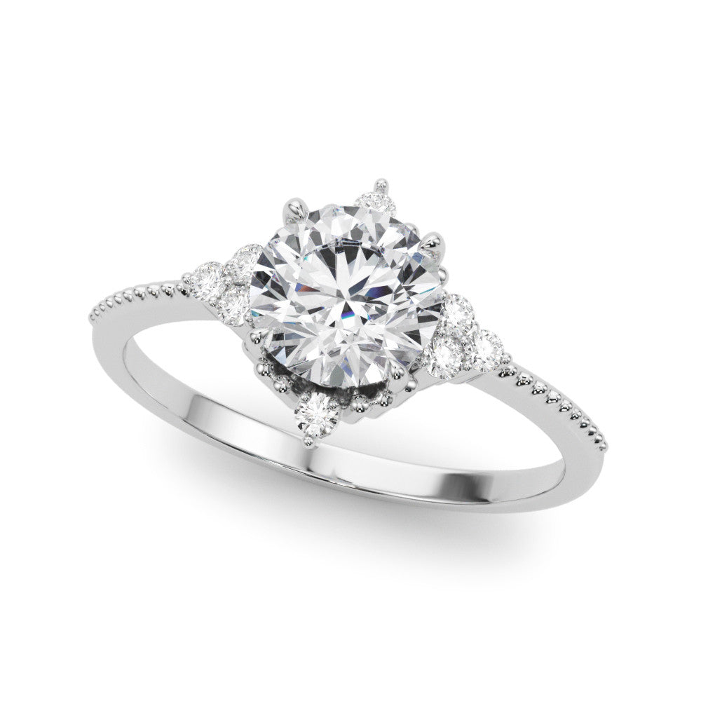 Silver Round Brilliant Diamond with Cluster Setting on a Beaded Band and Four-Prong Setting 1