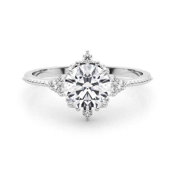 White gold Round Brilliant Diamond with Cluster Setting on a Beaded Band and Four-Prong Setting
