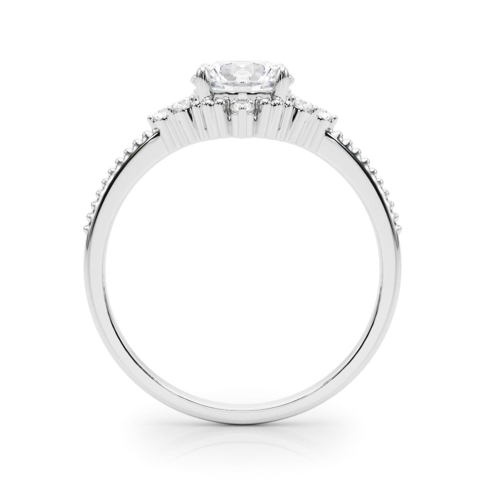 Silver Round Brilliant Diamond with Cluster Setting on a Beaded Band and Four-Prong Setting