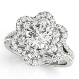 Silver Round Brilliant Double Halo Floral Pave Split Shank Prong Setting Ring 1