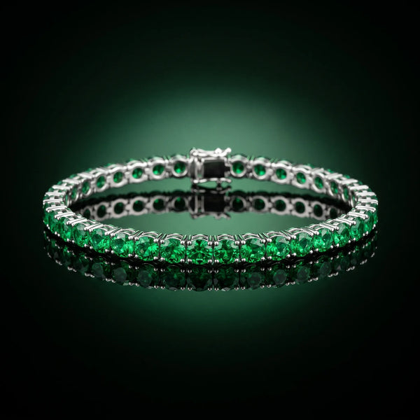 Silver Round Brilliant Emerald Tennis Bracelet with Prong Setting