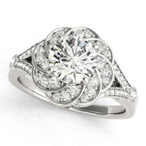 Silver Round Brilliant Halo Floral Diamond Engagement Ring with Pave Band and Prong Setting 1