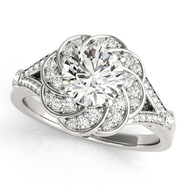 Silver 2.01 Carat E VVS2 Round Brilliant Halo Floral Diamond Engagement Ring with Pave Band and Prong Setting