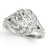 Silver 2.01 Carat E VVS2 Round Brilliant Halo Floral Diamond Engagement Ring with Pave Band and Prong Setting