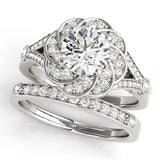 Silver Round Brilliant Halo Floral Diamond Engagement Ring with Pave Band and Prong Setting 2
