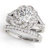 Silver 2.01 Carat E VVS2 Round Brilliant Halo Floral Diamond Engagement Ring with Pave Band and Prong Setting