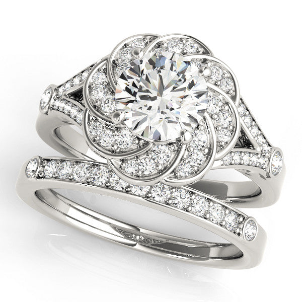 Silver 2.01 Carat E VVS2 Round Brilliant Halo Floral Diamond Engagement Ring with Pave Band and Prong Setting