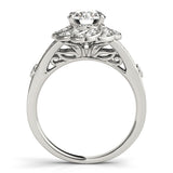 Silver Round Brilliant Halo Floral Diamond Engagement Ring with Pave Band and Prong Setting