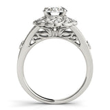 Silver 2.01 Carat E VVS2 Round Brilliant Halo Floral Diamond Engagement Ring with Pave Band and Prong Setting