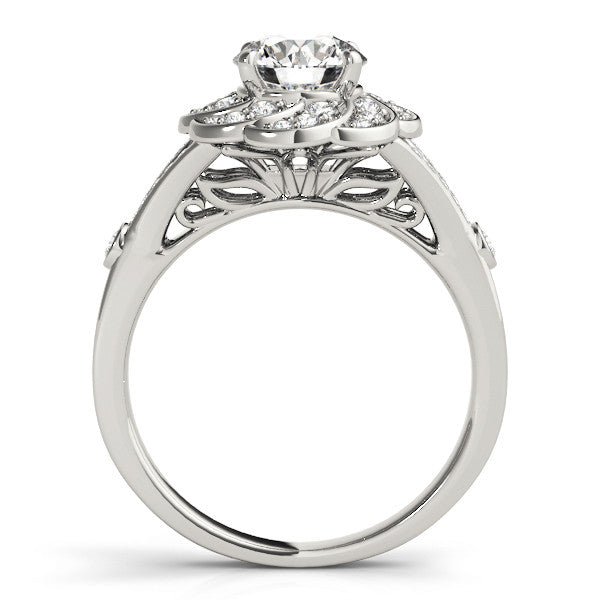 Silver 2.01 Carat E VVS2 Round Brilliant Halo Floral Diamond Engagement Ring with Pave Band and Prong Setting