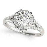 Silver Round Brilliant Halo Flower Split Shank Prong Setting Ring