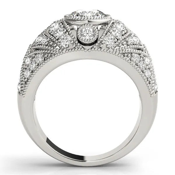 Silver Round Brilliant Halo Pave Diamond Milgrain Ring
