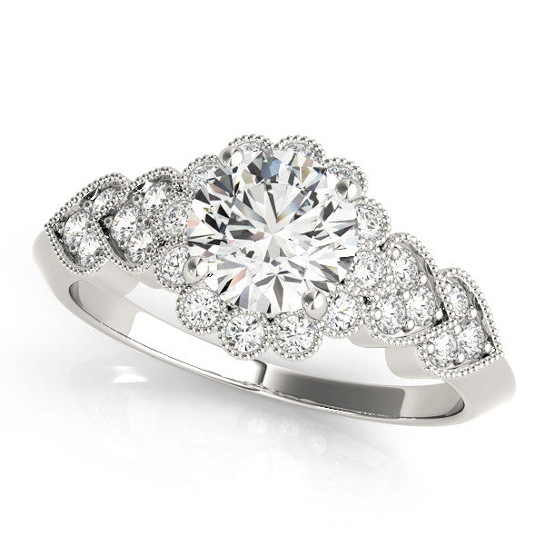 White gold Round Brilliant Milgrain Pave Heart Band Solitaire Ring