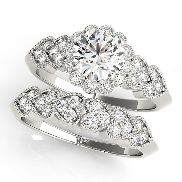 White gold Round Brilliant Milgrain Pave Heart Band Solitaire Ring