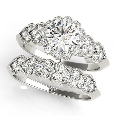 Silver Round Brilliant Milgrain Pave Heart Band Solitaire Ring 2