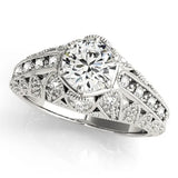 Silver Round Brilliant Milgrain Pave Split Shank Hexagon Prong Setting Ring