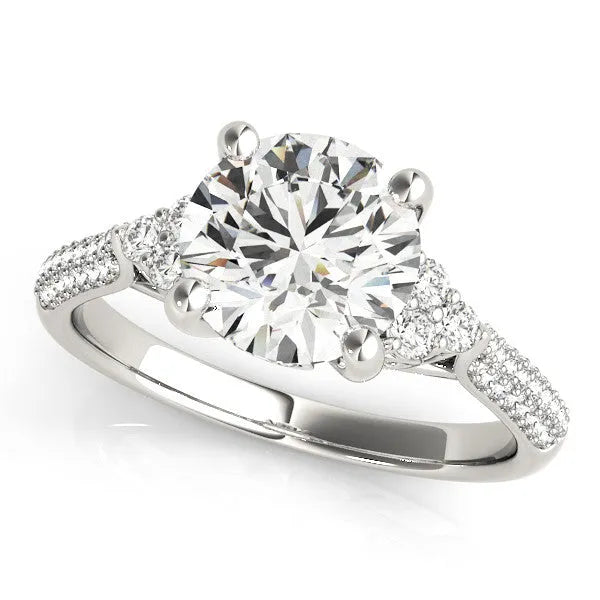 Silver Round Brilliant Pave Diamond Engagement Ring with Cathedral Band and Four-Prong Setting