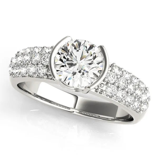 Silver Round Brilliant Pave Diamond Engagement Ring with Tension Prong Setting