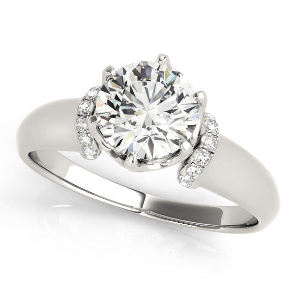 Silver Round Brilliant Solitaire Cathedral Engagement Ring with Pave Accents 1