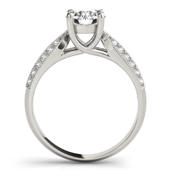 Silver Round Brilliant Solitaire Engagement Ring with Pave Band and Four-Prong Setting 1
